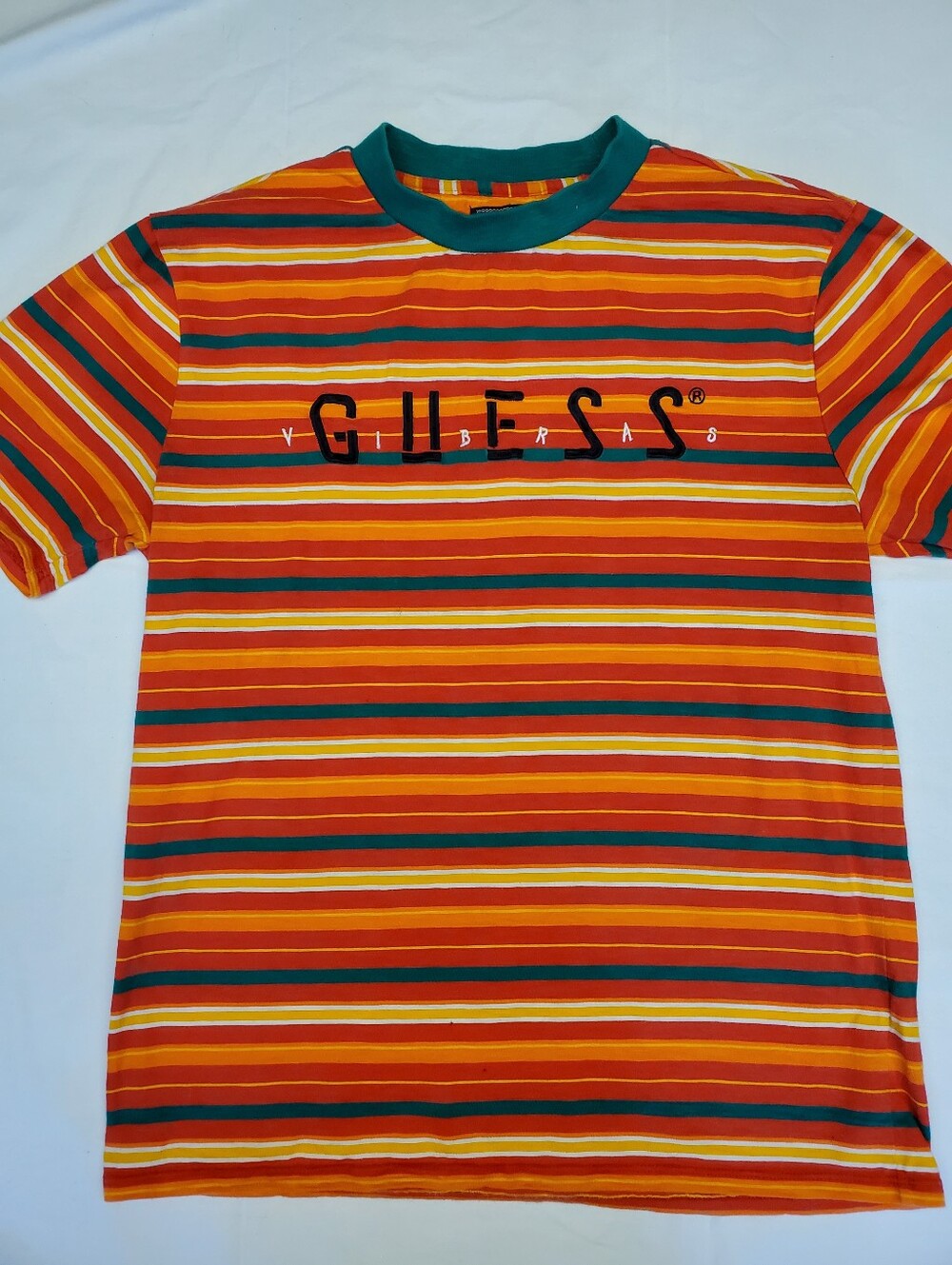 Guess x J Balvin Vibras Striped Embroidered Logo Tee Orange Green Ringer XS